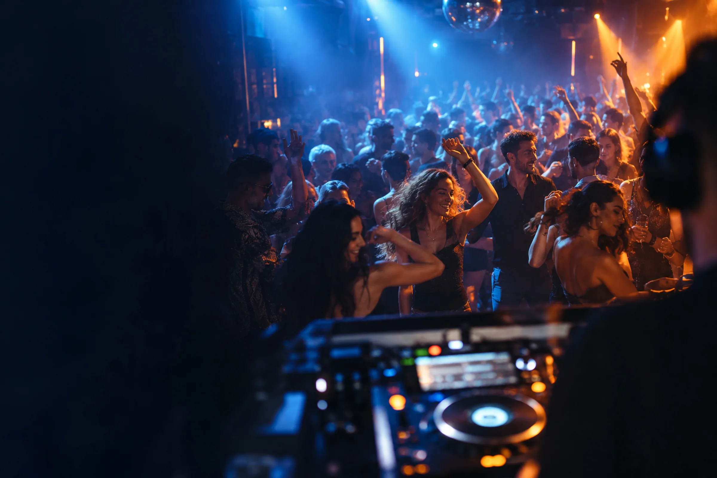 Blick vom DJ-Pult auf eine volle Tanzfläche im blauen und warmen Licht