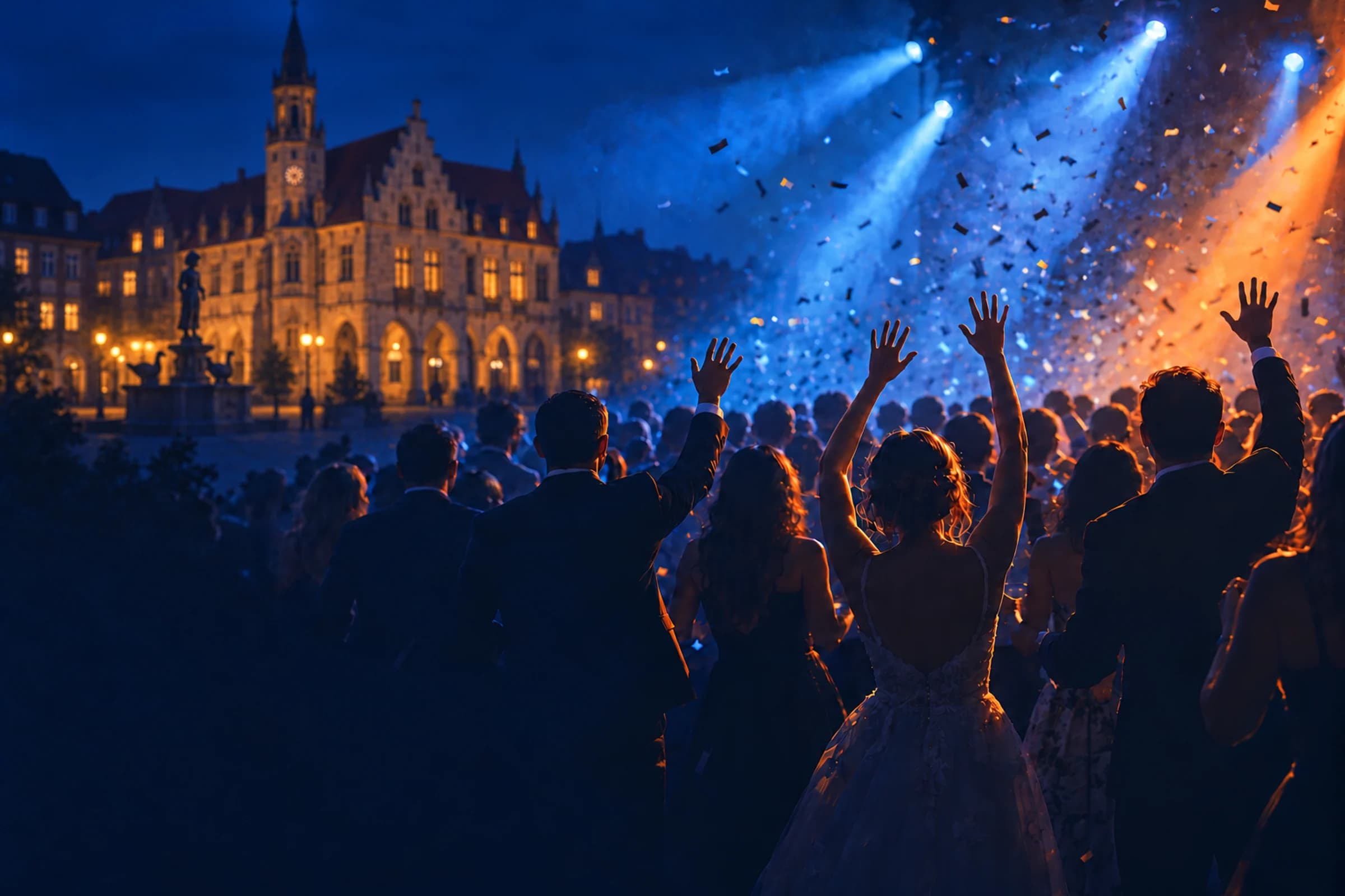 Hochzeitsgesellschaft mit erhobenen Händen und Konfetti am Abend, im Hintergrund das Wahrzeichen von Göttingen