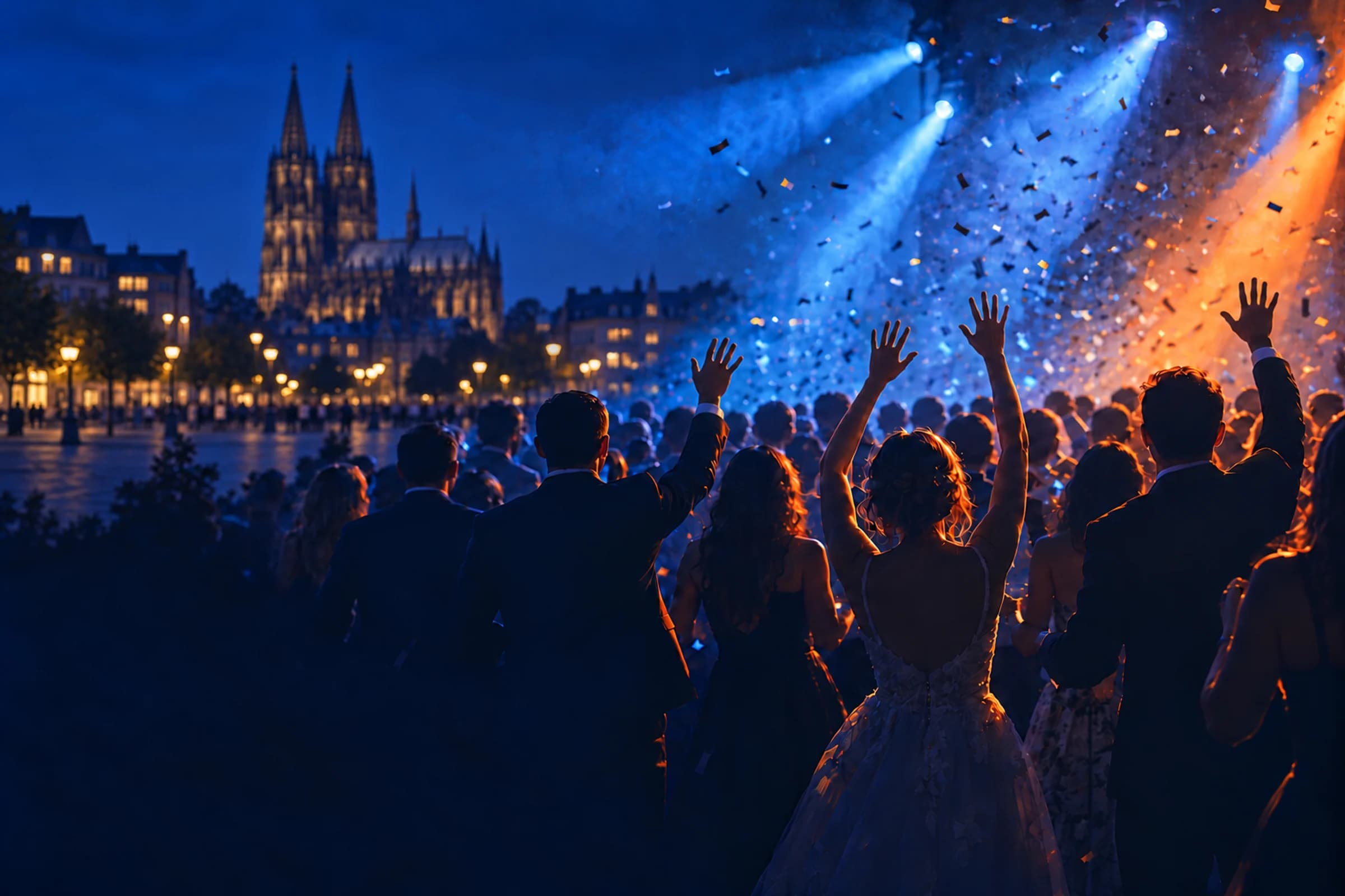 Hochzeitsgesellschaft mit erhobenen Händen und Konfetti am Abend, im Hintergrund das Wahrzeichen von Köln