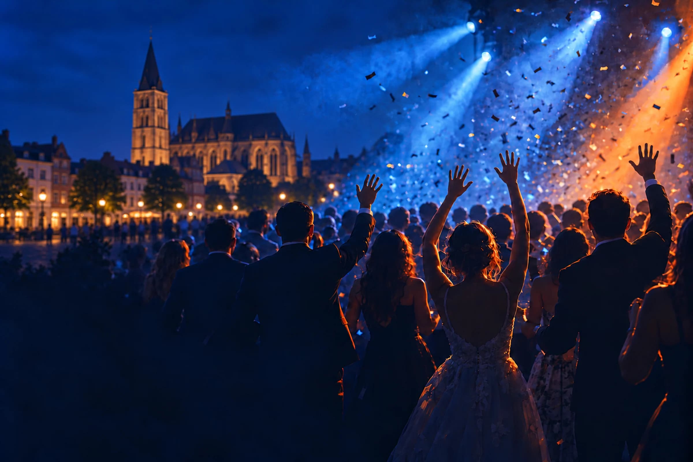 Hochzeitsgesellschaft mit erhobenen Händen und Konfetti am Abend, im Hintergrund das Wahrzeichen von Wesel