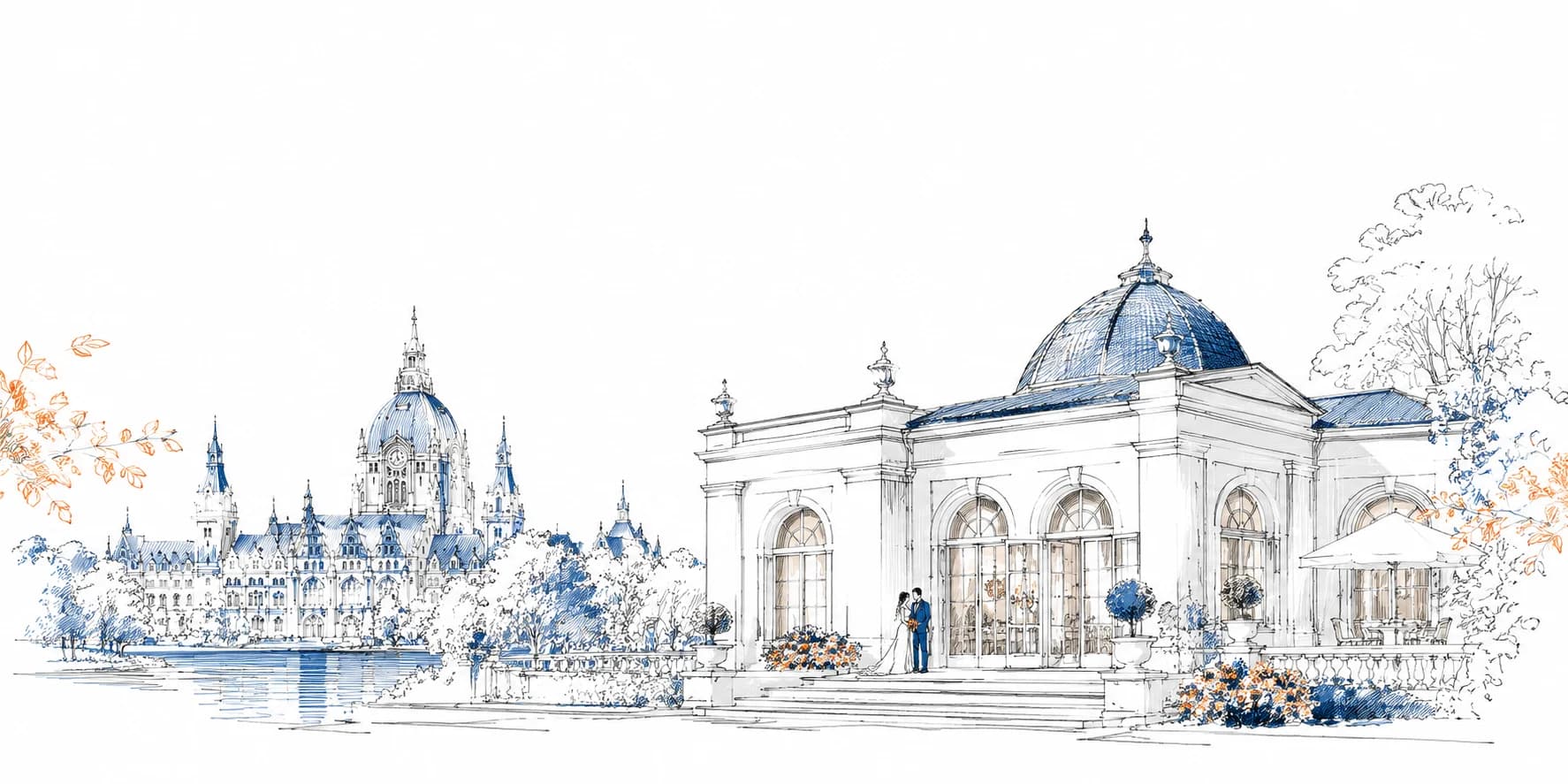 Skizzierte Hochzeitslocation in Hannover mit Brautpaar vor einem Pavillon und dem Neuen Rathaus im Hintergrund