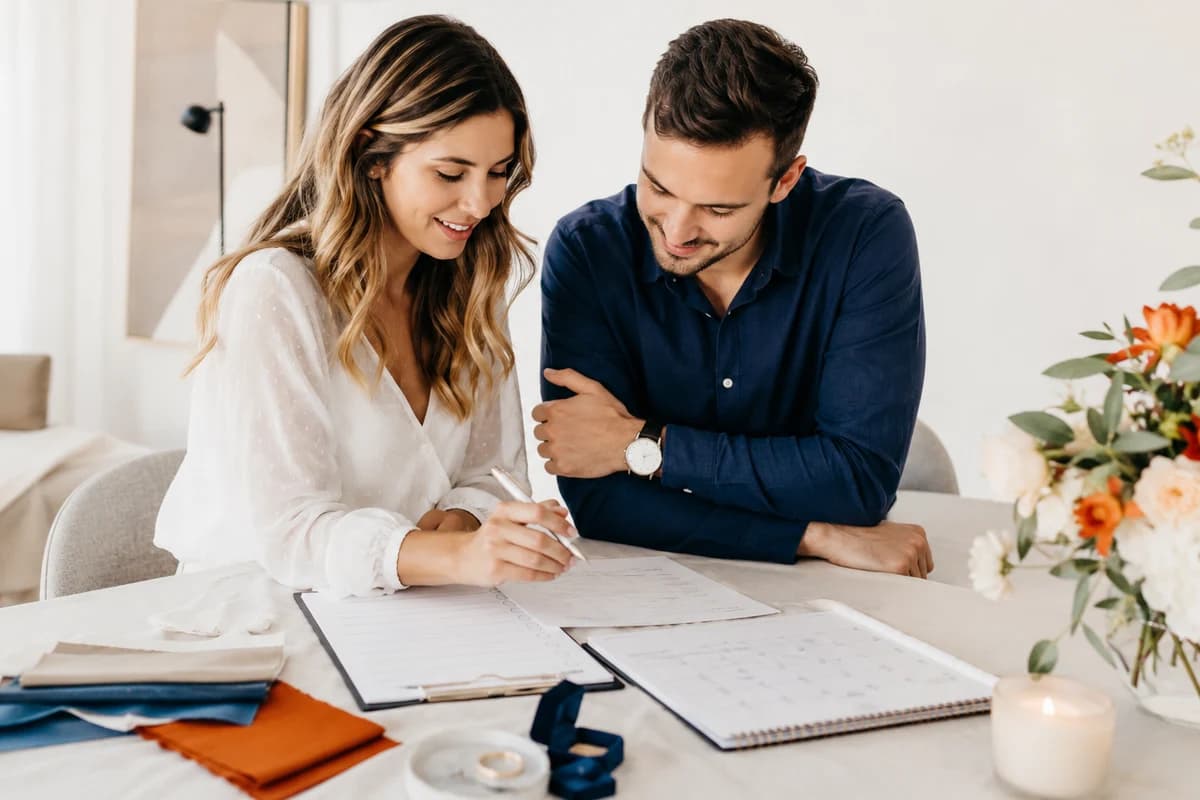 Brautpaar plant gemeinsam die Hochzeit mit Checkliste, Kalender und Stoffmustern am Tisch